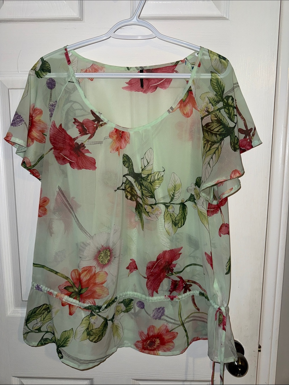 Sheer Mint Floral Tie-Side Blouse